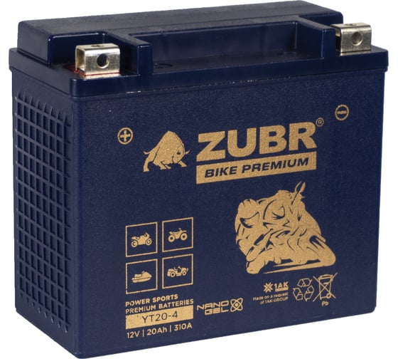 Аккумуляторная батарея ZUBR Мотоаккумулятор 12V 20 Ah BIKE PREMIUM YT20-4 L+, для мотоцикла, скутера, гидроцикла, квадроцикла, снегохода и генератора 175x87x154 YT20-4 (ZubrPrem) 1