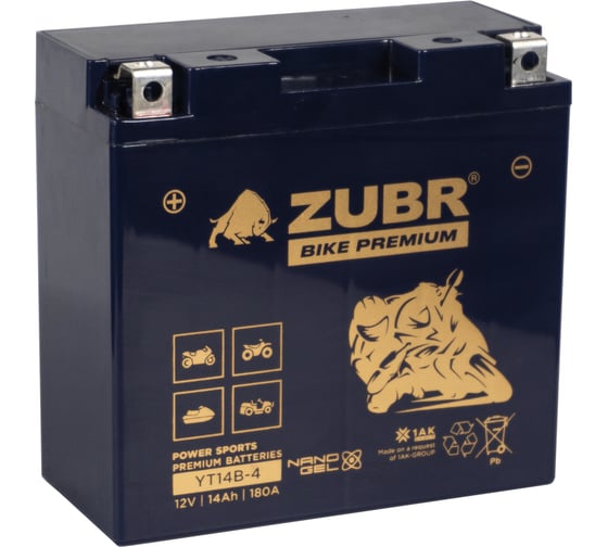 Аккумуляторная батарея ZUBR Мотоаккумулятор 12V 14 Ah BIKE PREMIUM YT14B-4 L+, для мотоцикла, скутера, гидроцикла, квадроцикла, снегохода и генератора 150x69x145 YT14B-4 (ZubrPrem) 1