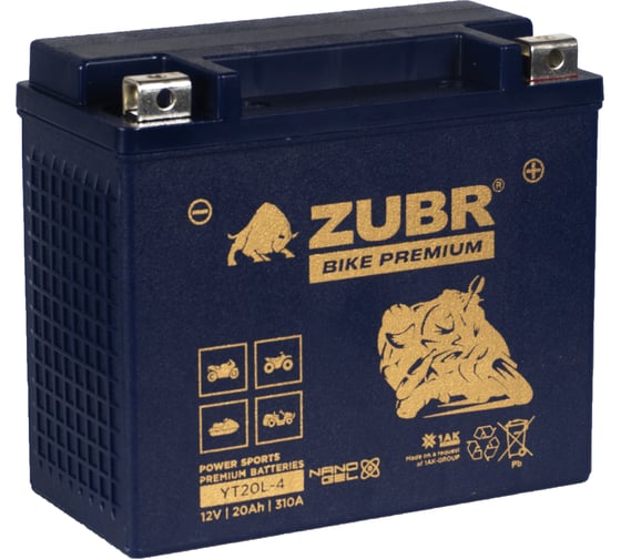 Аккумуляторная батарея ZUBR Мотоаккумулятор 12V 20 Ah BIKE PREMIUM YT20L-4 R+, для мотоцикла, скутера, гидроцикла, квадроцикла, снегохода и генератора 175x87x154 YT20L-4 (ZubrPrem) 1