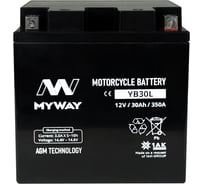 Мотоаккумулятор 12V 30Ah YB30L R+ для мотоцикла, скутера, гидроцикла, квадроцикла, снегохода и генератора 166x127x175 MYWAY BIKE YB30L