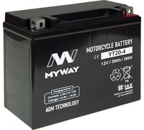 Мотоаккумулятор 12V 20Ah YT20-4 R+ для мотоцикла, скутера, гидроцикла, квадроцикла, снегохода и генератора 177x88x155 MYWAY BIKE YT20-4
