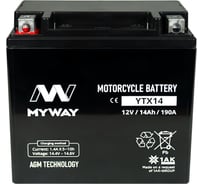 Мотоаккумулятор 12V 14Ah YTX14 L+ для мотоцикла, скутера, гидроцикла, квадроцикла, снегохода и генератора 150x86x145 MYWAY BIKE YTX14
