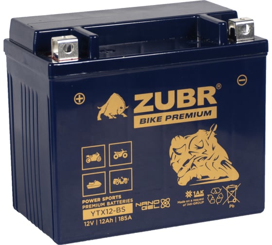 Аккумуляторная батарея ZUBR Мотоаккумулятор 12V 12 Ah BIKE PREMIUM YTX12-BS L+, для мотоцикла, скутера, гидроцикла, квадроцикла, снегохода и генератора 150x86x130 YTX12-BS (ZubrPrem) 1