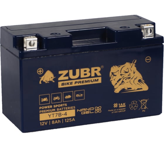 Аккумуляторная батарея ZUBR Мотоаккумулятор 12V 8 Ah BIKE PREMIUM YT7B-4 L+, для мотоцикла, мопеда и скутера, гидроцикла, квадроцикла, снегохода 150x65x92 YT7B-4 (ZubrPrem) 1