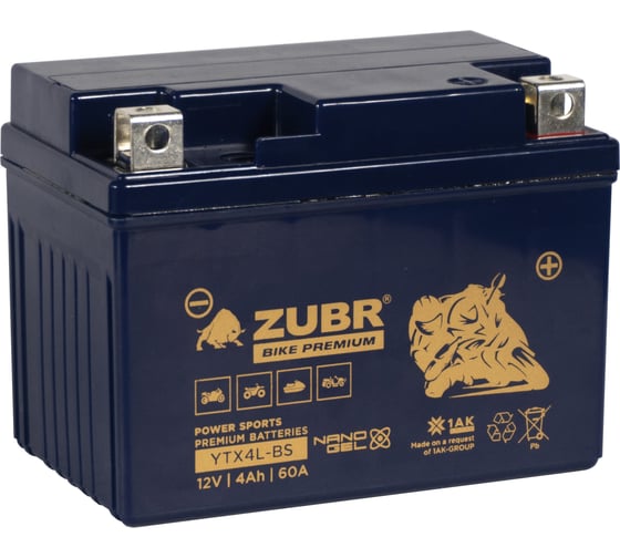 Аккумуляторная батарея ZUBR Мотоаккумулятор 12V 4 Ah BIKE PREMIUM YTX4L-BS R+, для мотоцикла, мопеда и скутера, гидроцикла, квадроцикла, снегохода 113x69x85 YTX4L-BS (ZubrPrem) 1