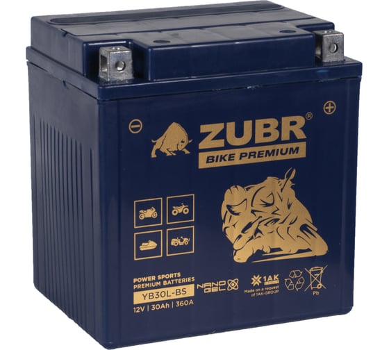 Аккумуляторная батарея ZUBR Мотоаккумулятор 12V 30 Ah BIKE PREMIUM YB30L-BS R+, для мотоцикла, скутера, гидроцикла, квадроцикла, снегохода и генератора 168x127x176 YB30L-BS (ZubrPrem) 1
