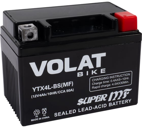 Мотоаккумулятор 12V 4Ah YTX4L-BS(MF) R+ для мотоцикла, мопеда и скутера, гидроцикла, квадроцикла, снегохода 113x70x85 Volat YTX4L-BS(MF) 1