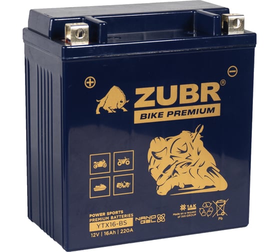 Аккумуляторная батарея ZUBR Мотоаккумулятор 12V 16 Ah BIKE PREMIUM YTX16-BS L+, для мотоцикла, скутера, гидроцикла, квадроцикла, снегохода и генератора 150x86x161 YTX16-BS (ZubrPrem) 1