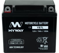 Мотоаккумулятор 12V 7Ah YB7L L+ для мотоцикла, мопеда и скутера, гидроцикла, квадроцикла, снегохода 137x76x128 MYWAY BIKE YB7L