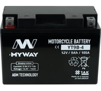 Мотоаккумулятор 12V 8Ah YT9B-4 L+ для мотоцикла, мопеда и скутера, гидроцикла, квадроцикла, снегохода 150x70x105 MYWAY BIKE YT9B-4