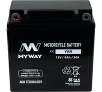 Мотоаккумулятор 12V 10Ah YB9 L+ для мотоцикла, скутера, гидроцикла, квадроцикла, снегохода и генератора 137x76x134 MYWAY BIKE YB9