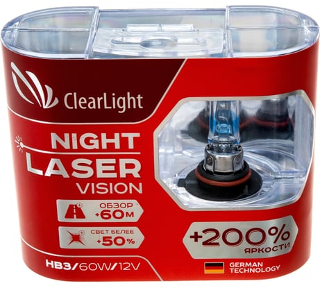 Комплект ламп Clearlight HB3, 12 В, 60 Вт, Night Laser Vision +200% Light, 2 шт. ML9005NLV200