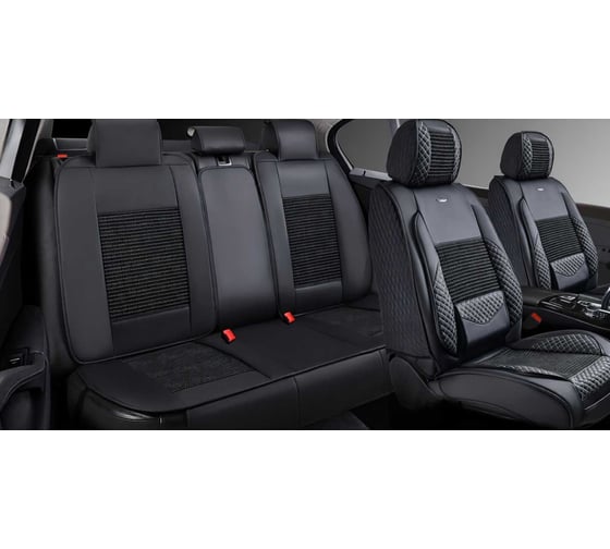 Накидки PSV 5D Volt (Черный/Отстрочка Белая), комплект на весь салон, экокожа + льняное плетение 139033 1