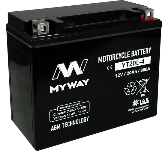 Аккумуляторная батарея MYWAY BIKE YT20L-4, Китай YT20L-4 (MYWAY) 1