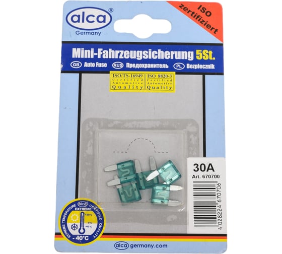 Флажковые предохранители Alca мини 30 А, 5 шт. в блистере 670700 1