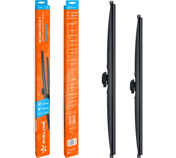 Щетки стеклоочистителя комплект AIRLINE 600/450мм (24/18) зимние с креплением Крючок 9x3, 9x4 мм, 2 штуки AWBM162 1