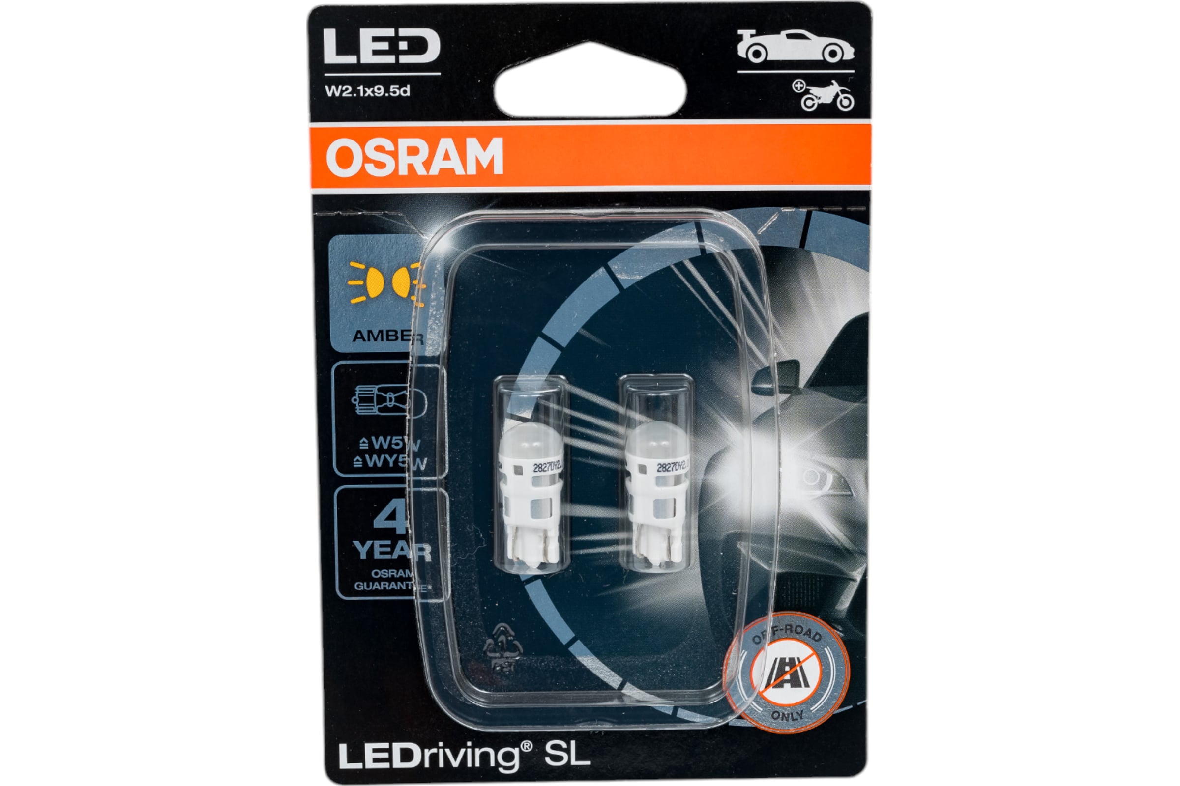 Автолампа W5W W2.1x9.5d LED 2 штуки YELLOW 12В 2827DYP-2BL Osram