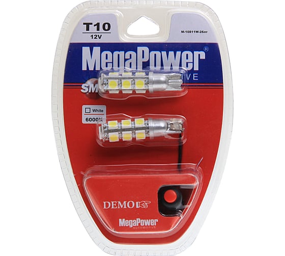 Автолампа MEGAPOWER T10W W2,1x9,5d WHITE блистер с тестером 2шт 12V M-10811W-2BLT 1