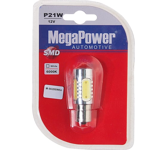 Автолампа MEGAPOWER P21W BA15s 5 SMD MEGA WHITE блистер 6000K 400лм 12V M-56285WBL 1