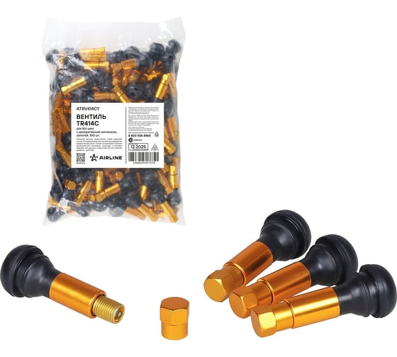 Вентиль для б/к шин AIRLINE TR414C c декор. колпачком, золотой (100 шт.) ATRV414CY