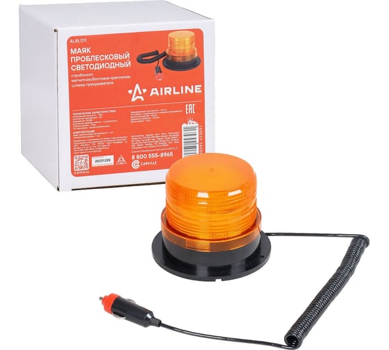 Маяк проблесковый светодиодный AIRLINE 12Вт, 24LED, 12/24В, 1 режим, магнитное/болтовое крепление, штекер прикуривателя, D-130мм, H-95мм ALBL011