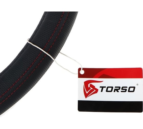 Оплётка на руль TORSO кожа PU, перфорация, размер 38 см, красная строчка, черный 1822669