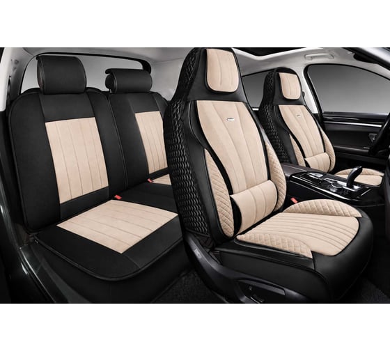 Накидки PSV 5D Vektor Alcantara Sport черно-бежевые, белая отстрочка, комплект на весь салон, алькантара 138688