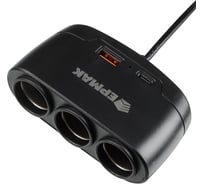 Разветвитель прикуривателя ЕРМАК 3 выхода, 1 USB, 60 W, 2.1 А, 12/24 В, пластик 738-019