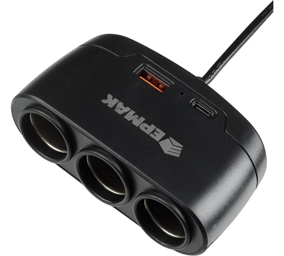 Разветвитель прикуривателя ЕРМАК 3 выхода, 1 USB, 60 W, 2.1 А, 12/24 В, пластик 738-019
