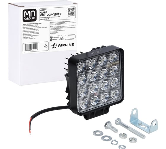 Фара светодиодная квадратная Airline PRO МП-серия 16LED, ближний свет, 48Вт, 112x112x47мм, 12/24В ALED198