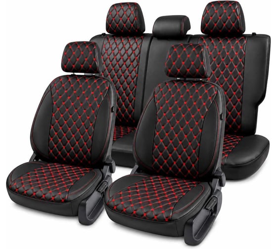 Чехлы для Hyundai Solaris II/Kia Rio IV 2017-2022/Solaris HS 2022-> седан PSV Статус Тройка Comfort/Prestige, дел. спинка, черные, отстрочка красная 139282