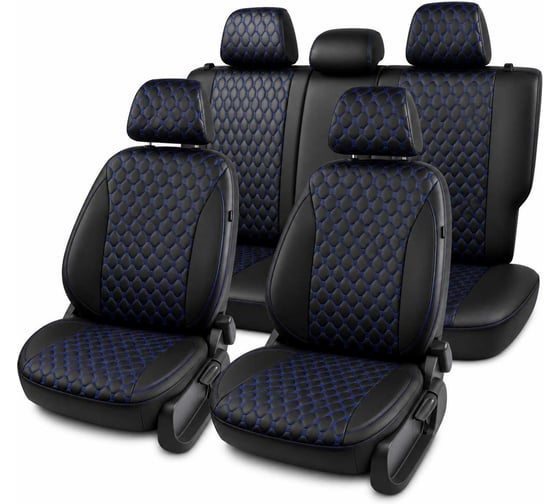 Чехлы для Hyundai Solaris II/Kia Rio IV 2017-2022/Solaris HS 2022-> седан PSV Статус Sota Comfort/Prestige, деленная спинка, черные, отстрочка синяя 139280