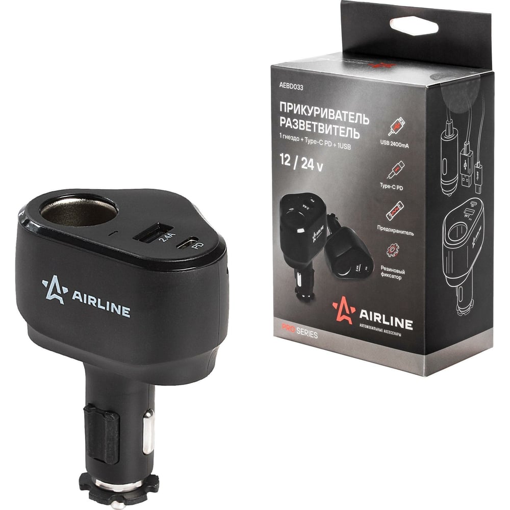 Разветвитель в прикуриватель (1 гнездо+ Type-C PD + 1USB 2.4A 30Вт) 5А 12/24В