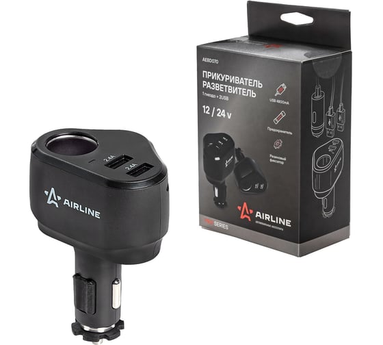 Разветвитель прикуривателя AIRLINE 1 гнездо + 2xUSB, 2.4+2.4 A PRO AEBD070 1