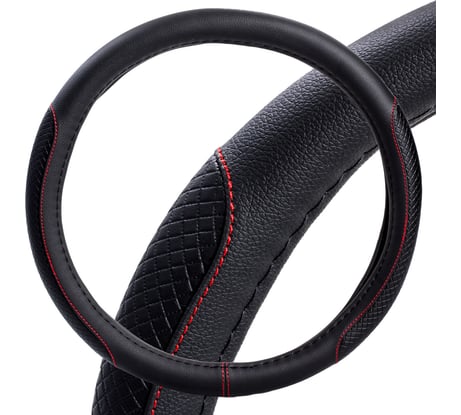 Оплетка на руль AIRLINE искусственная кожа, с тиснением ромб, черная, красная прошивка, 38 см/М AWS-LI-20M