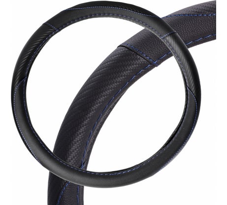 Оплетка на руль AIRLINE искусственная кожа, текстура карбон, черная, синяя прошивка, 38 см/М AWS-LI-16M