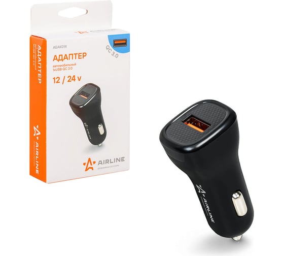 Автомобильный адаптер AIRLINE 1хUSB, QC 3.0, 12/24 В AEAK014