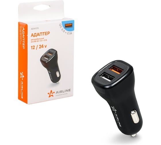 Автомобильный адаптер AIRLINE 2хUSB, QC 3.0 + 2.1 А, 12/24 В AEAK015
