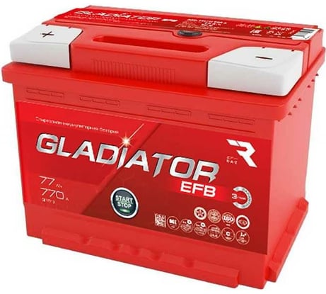 Аккумуляторная батарея Gladiator 77 А/ч, обратная полярность, тип вывода конус GEF7700