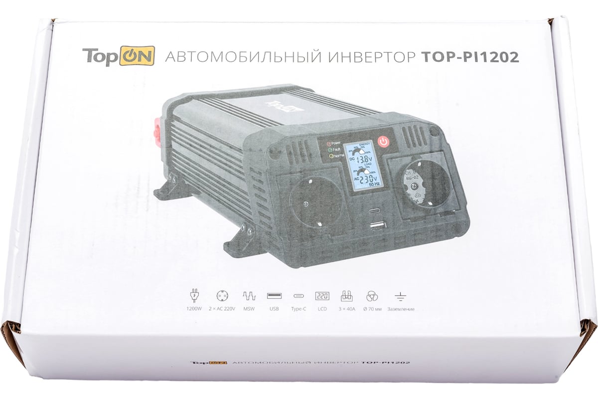 Автомобильный инвертор TopOn 1200 Вт, 2 розетки, Type-C, USB, LCD экран,  пиковая мощность 2400 Вт, черный TOP-PI1202 - выгодная цена, отзывы,  характеристики, фото - купить в Москве и РФ