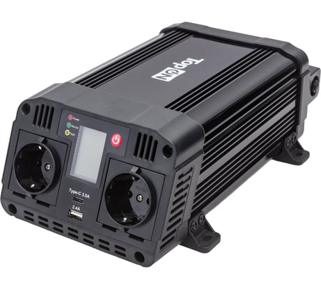 Автомобильный инвертор TopOn 1200 Вт, 2 розетки, Type-C, USB, LCD экран, пиковая мощность 2400 Вт, черный TOP-PI1202