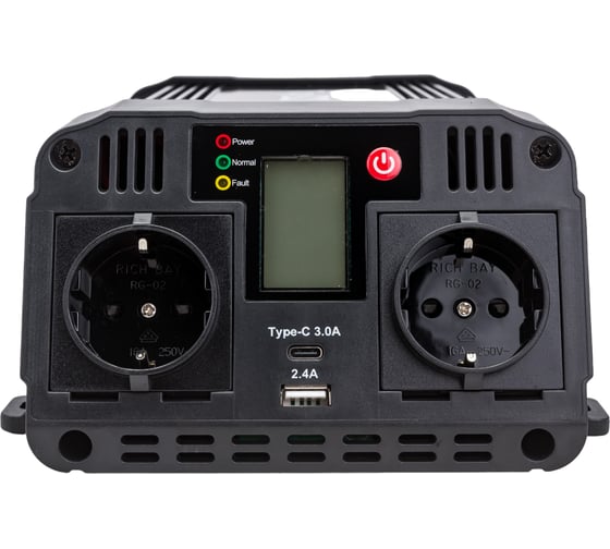 Автомобильный инвертор TopOn 1200 Вт, 2 розетки, Type-C, USB, LCD экран, пиковая мощность 2400 Вт, черный TOP-PI1202