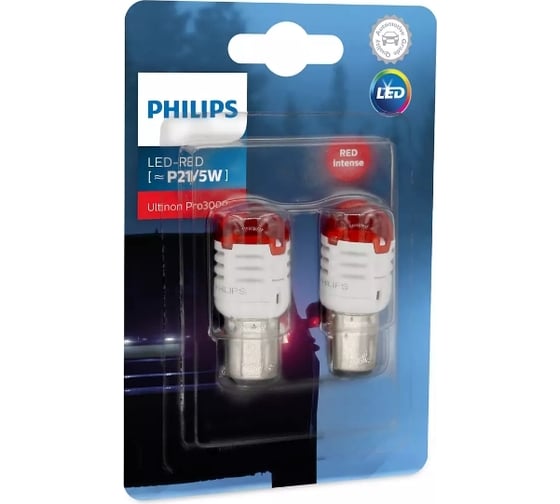 Автолампа PHILIPS P21/5W, BAY15d, LED RED Ultinon Pro3000, 12 В 11499U30RB2