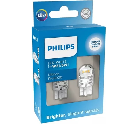 Автолампа PHILIPS W21/5W, W3х16q, LED WHITE Ultinon Pro6000, 6000 K, 250/50 Лм, 12 В 11066CU60X2 1