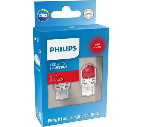 Автолампа PHILIPS W21W, W3х16d, LED RED Ultinon Pro6000, 75 Лм, 12 В 11065RU60X2 1