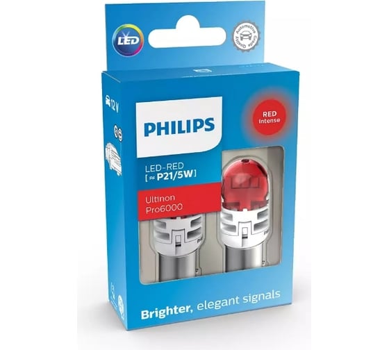 Автолампа PHILIPS P21/5W, BAY15d, LED RED Ultinon Pro6000, 75/15 Лм, 12 В, 2 шт. 11499RU60X2 1