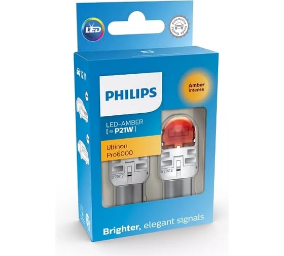 Автолампа PHILIPS P21W, BAU15S, LED AMBER Ultinon Pro6000, 80 Лм, 12 В 11498AU60X2