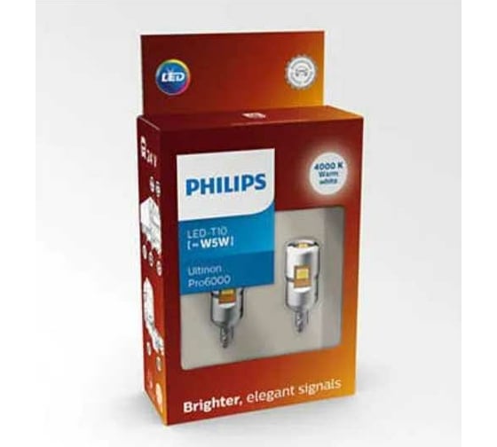 Автолампа PHILIPS T10W, W2.1х9.5d, LED WHITE Ultinon Pro6000, 4000 K, 110 Лм, 24 В 24961WU60X2