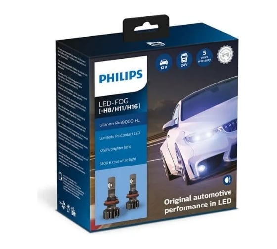 Автолампа PHILIPS H8/H11/H16, Ultinon Pro9000 LED HI/LO, 5800 K, 12 В 11366U90CWX2