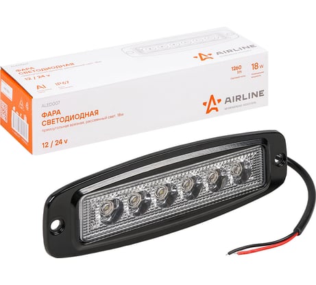 Светодиодная прямоугольная врезная фара Airline 6 LED рассеянный свет, 18 Вт, 185x60x35 мм, 12/24 В ALED007